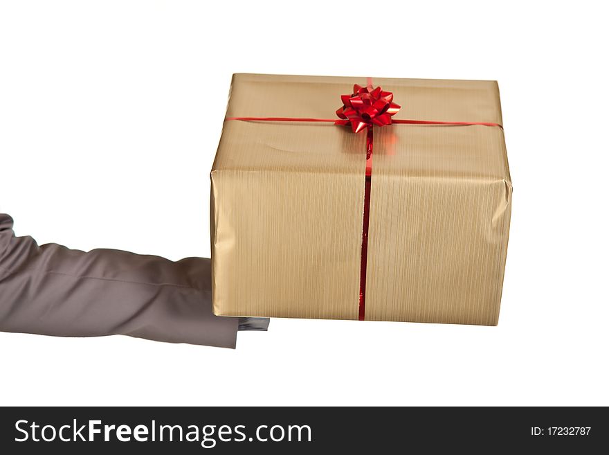 Woman hand holding christmas present on white background