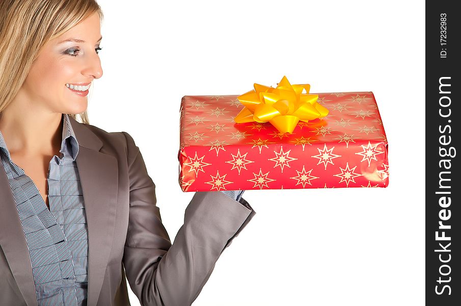 Isolated Blond Caucasian Woman With Gifts