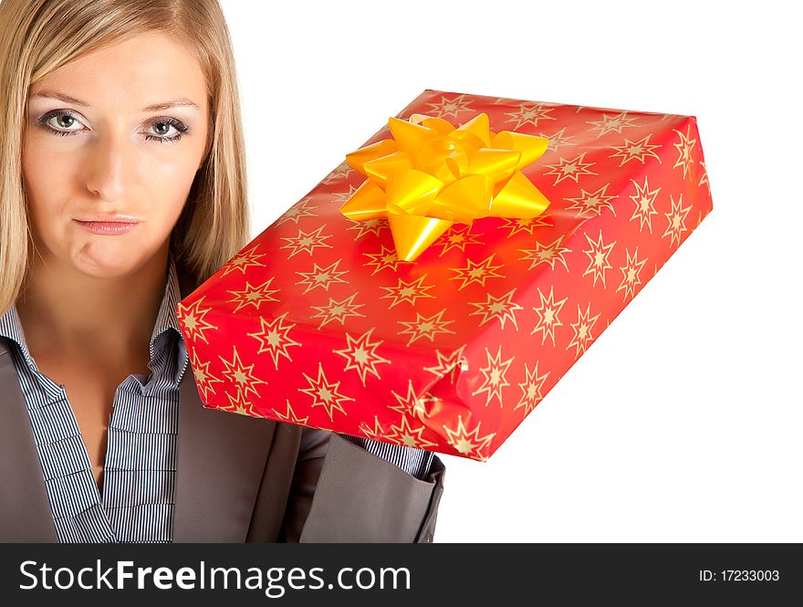 Blond caucasian woman in formal dress with gift boxes isolated on white. Blond caucasian woman in formal dress with gift boxes isolated on white