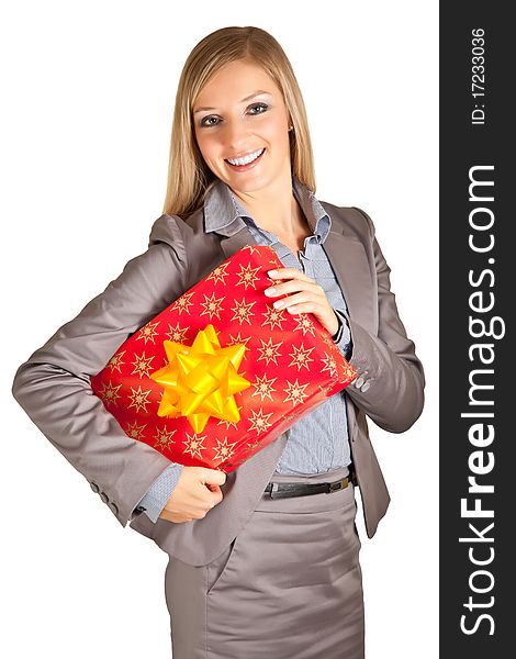 Isolated blond caucasian woman with gifts