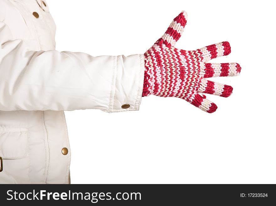 Woman hand in colorful and warm gloves isolated on white