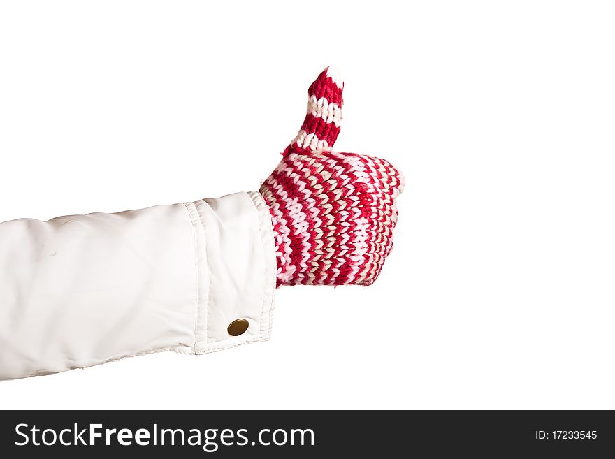 Woman hand in colorful and warm gloves isolated on white