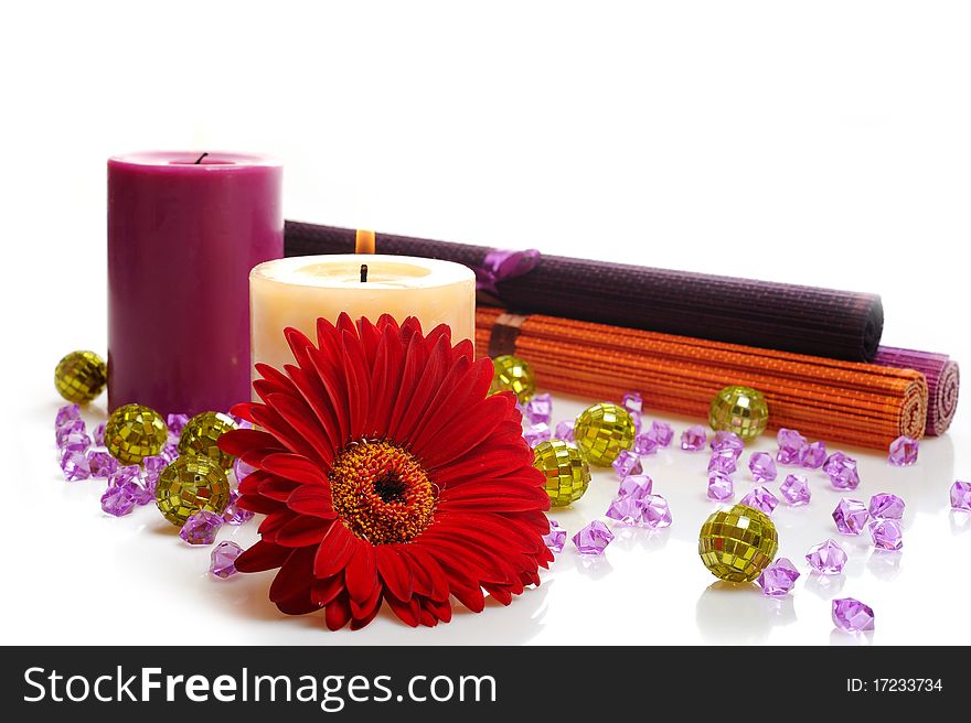 Beautiful spa background with 2 candles and flower