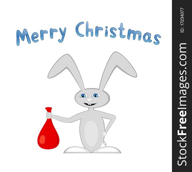 Vector illustration of cartoon bunny with presents and Merry Christmas title