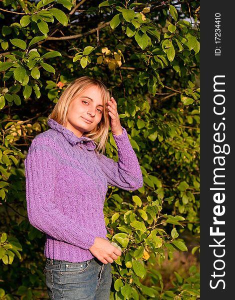 A girl in a lilac pullover and jeans in a forest. A girl in a lilac pullover and jeans in a forest