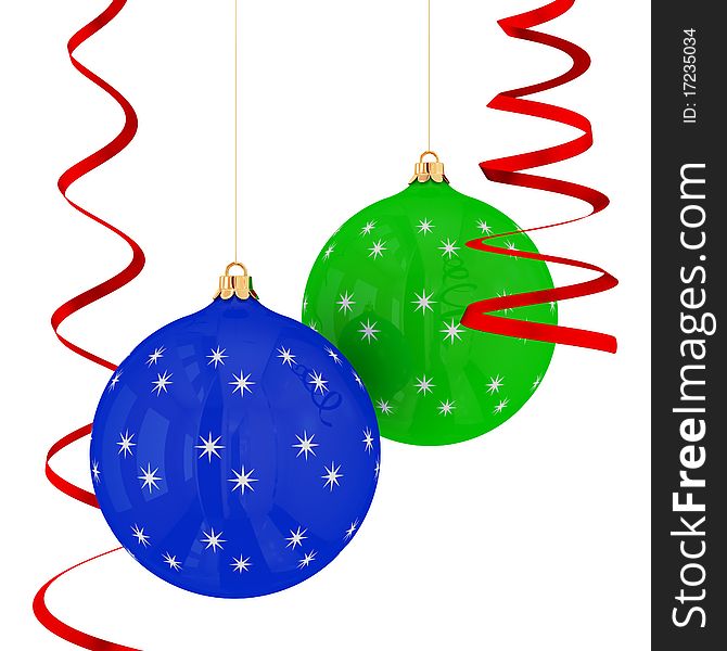 Christmas balls hanging with red ribbons on white background