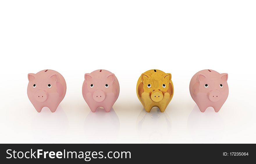 Illustration of a gold piggy bank in front of three usual piggy banks.