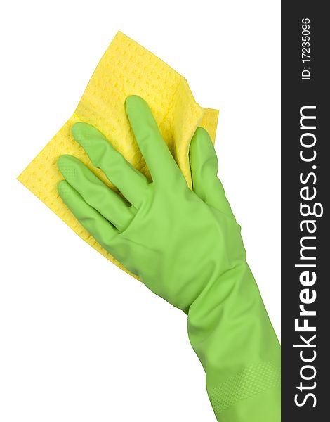 Hand in green glove with yellow sponge isolated on white background. Hand in green glove with yellow sponge isolated on white background