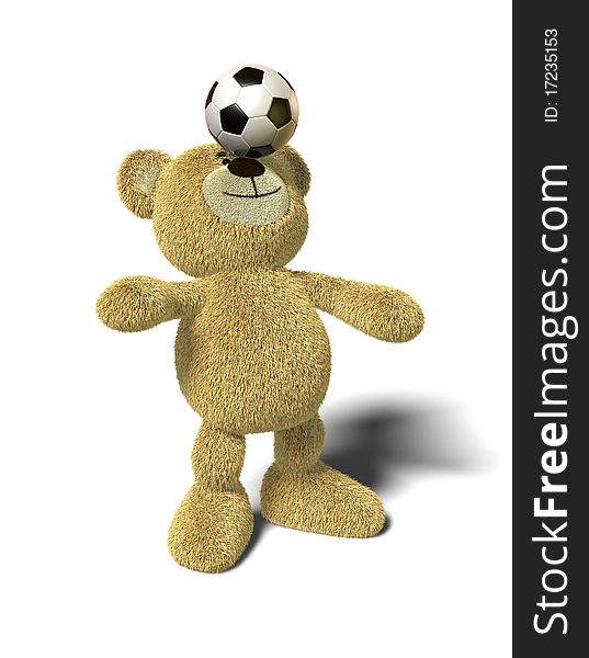 Teddy Bear stands with both feet on the ground, leans back and tries to balance a soccer ball on his nose. Viewed from front. This image is isolated on a white background with soft shadows. Teddy Bear stands with both feet on the ground, leans back and tries to balance a soccer ball on his nose. Viewed from front. This image is isolated on a white background with soft shadows.
