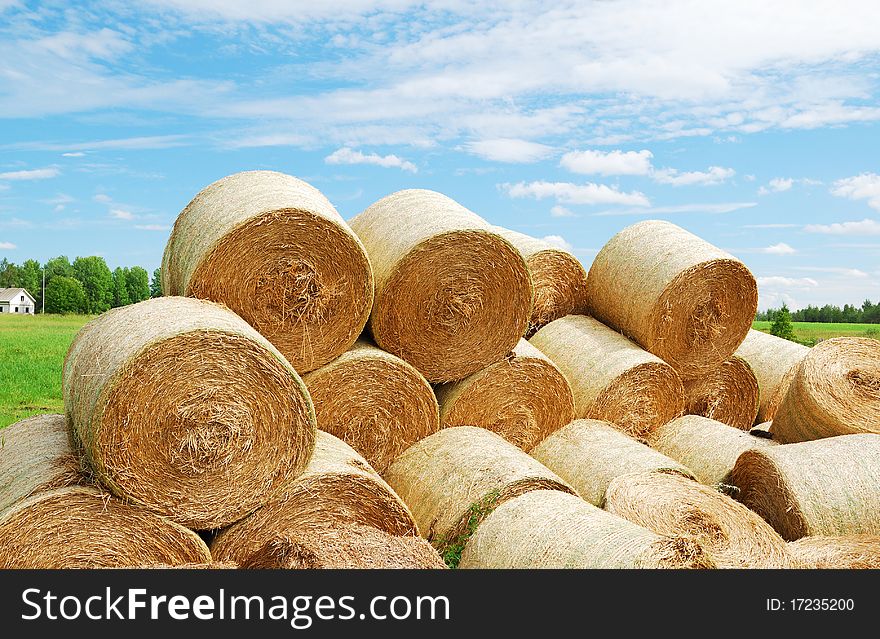 Heap Of Straw Bales In Summer Field