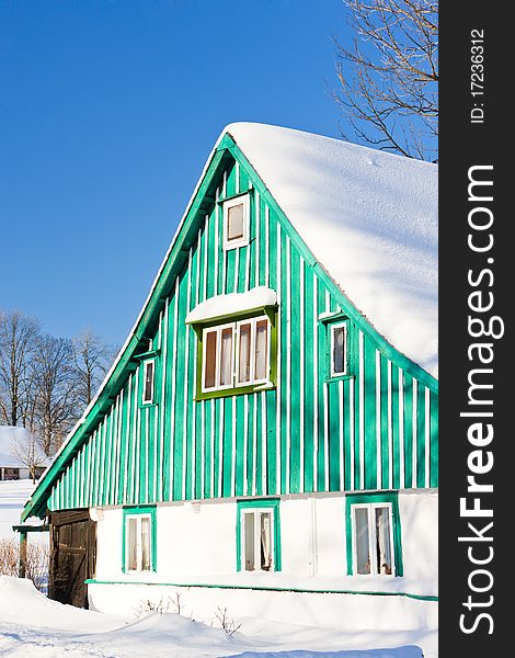 Cottage in winter in Kunstat - Jadrna, Orlicke Mountains, Czech Republic