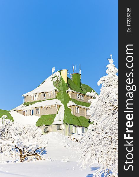 Masarykova Cottage in Orlicke Mountains in winter, Czech Republic