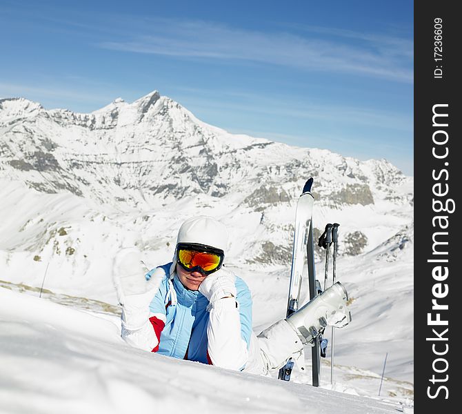 Woman skier, Alps Mountains, Savoie, France