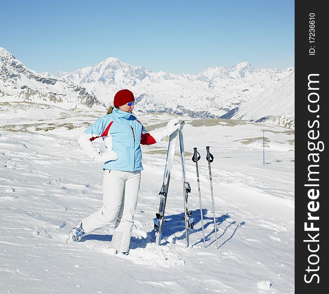 Woman skier, Alps Mountains, Savoie, France