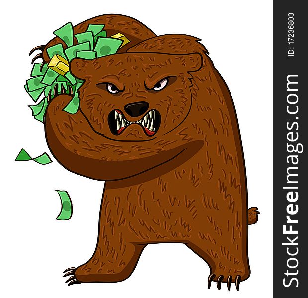 Very angry bear holding money and gold. Very angry bear holding money and gold