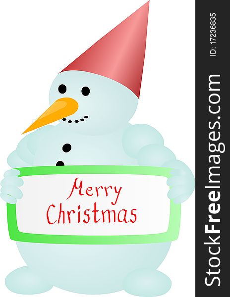 Snowman holds a sign with the words Merry Christmas. Snowman holds a sign with the words Merry Christmas