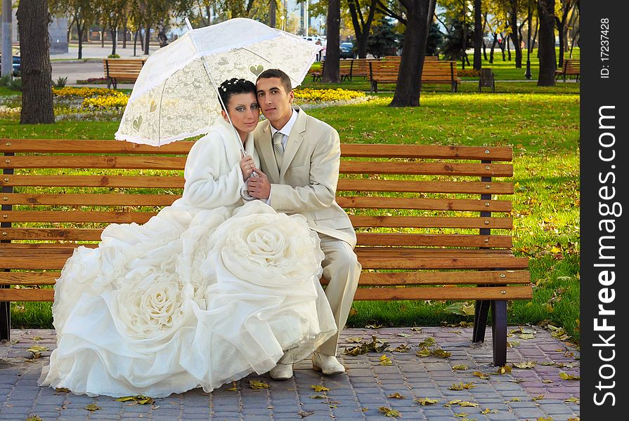 Bride and groom are sitting on the brench with white umbrella. Bride and groom are sitting on the brench with white umbrella