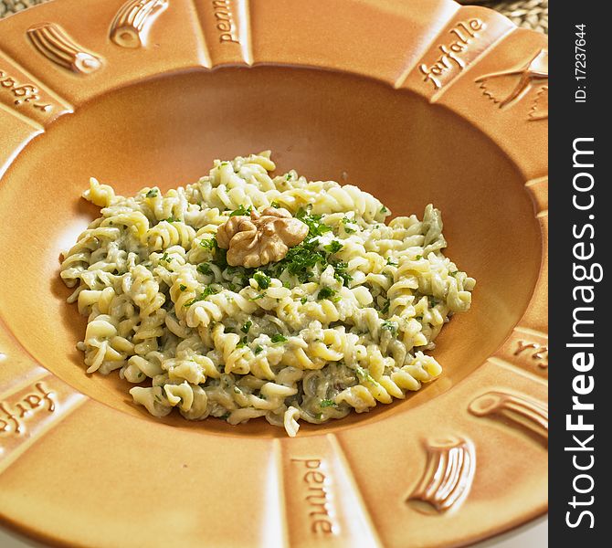 Fusilli with sauce from blue cheese and walnuts. Fusilli with sauce from blue cheese and walnuts