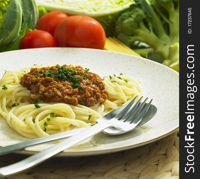 Still life of spaghetti with minced meat