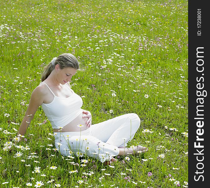 Pregnant woman sitting on meadow