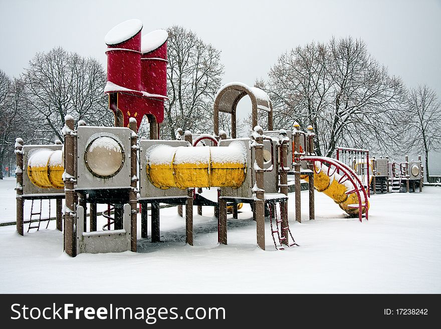 Children's Playground in the snow. Situated in Vancouver, BC, Canada