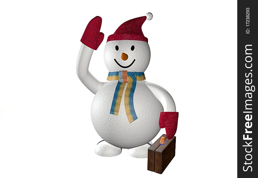 3d smiling snow man in a cap and mittens, on a white background