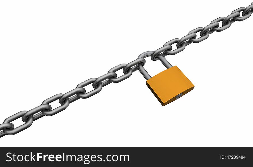 A large chain stretched tight with a brass padlock holding it. A large chain stretched tight with a brass padlock holding it.