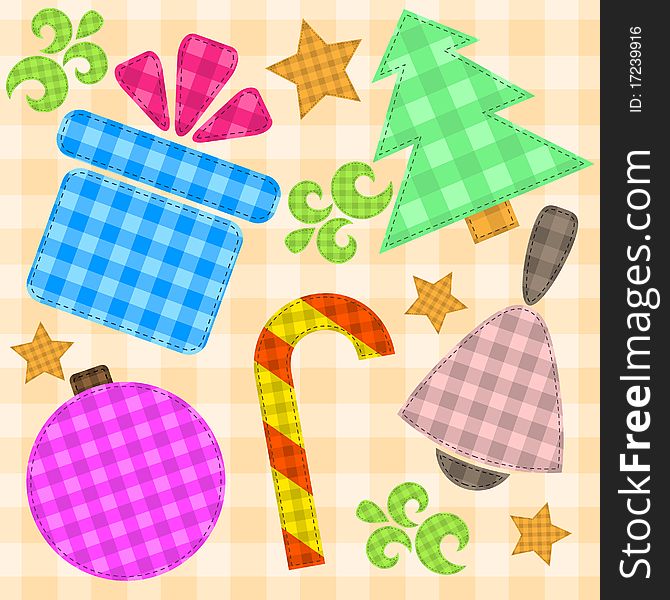 Christmas background fabric with different objects. Christmas background fabric with different objects