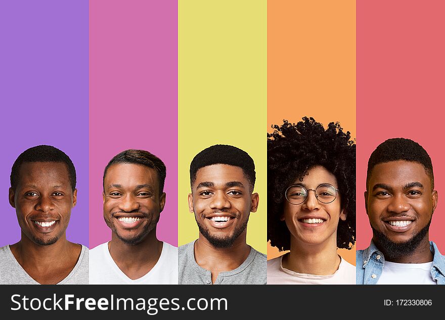 Collage of afro handsome young men over colorful backgrounds. Collage of afro handsome young men over colorful backgrounds