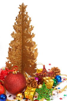 Red Christmas Baubles With A Golden Tree Royalty Free Stock Image Red Christmas Baubles With A Golden Tree Royalty Free Stock Image