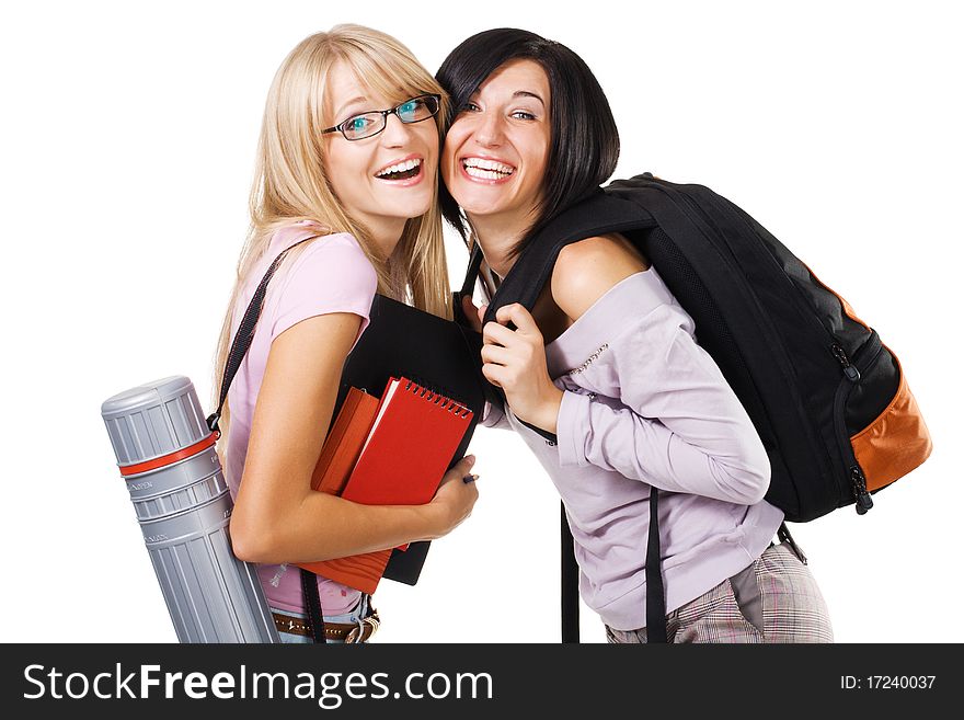 Portrait of two lovely students, isolated on white