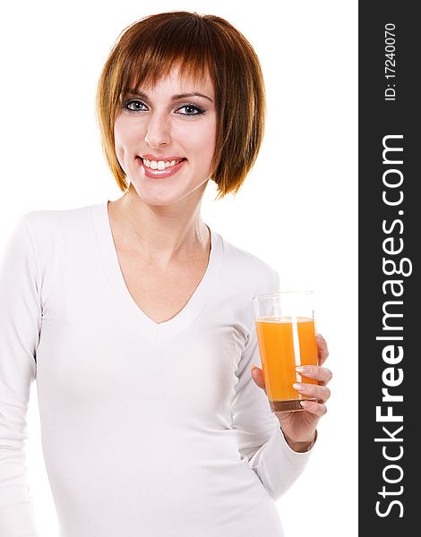 Lovely young woman with a glass of fresh juice against white background. Lovely young woman with a glass of fresh juice against white background
