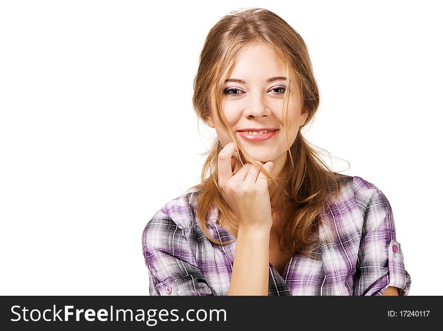 Portrait of a young lovely girl against white background