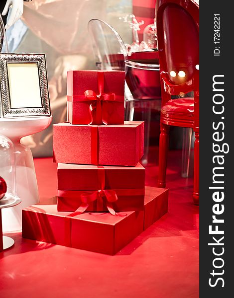 Set of gifts in red boxes