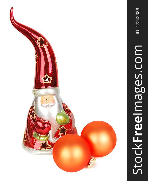 New year candlestick Santa Klaus Cristmas glass decoration with two orange ball isolated on the white. New year candlestick Santa Klaus Cristmas glass decoration with two orange ball isolated on the white.