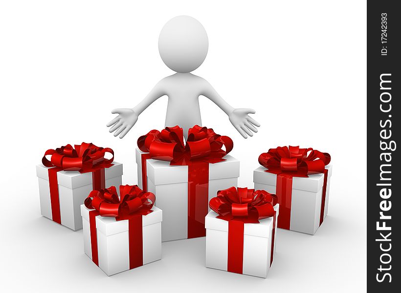 Computer generated image of a man showing several gift boxes. Computer generated image of a man showing several gift boxes
