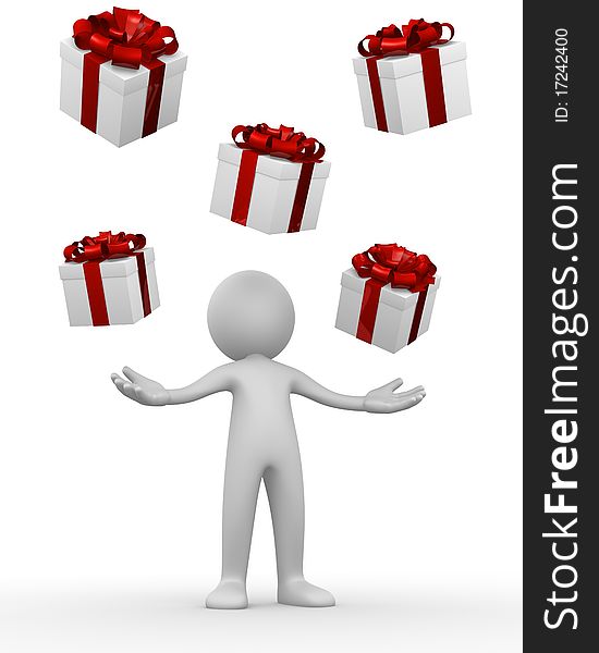 Computer generated image of a man receiving several gift boxes. Computer generated image of a man receiving several gift boxes