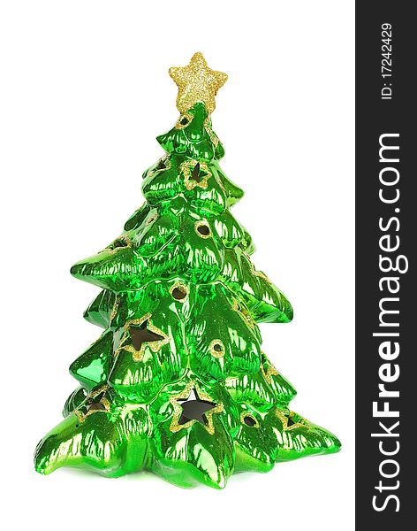 Green glass Christmas tree candle holder l isolated on the white. Green glass Christmas tree candle holder l isolated on the white.