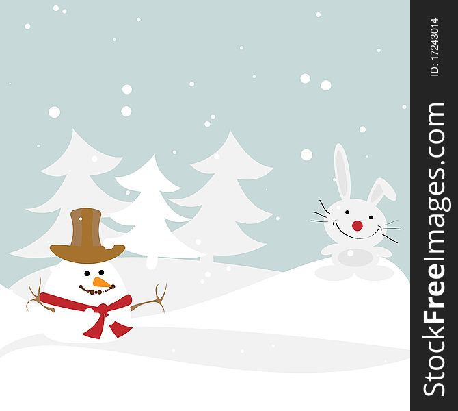 Winter illustration with the snowman and a rabbit. Vector.