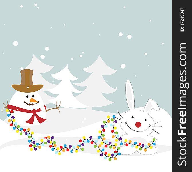 Bunny with a snowman decorated with garlands of forest.