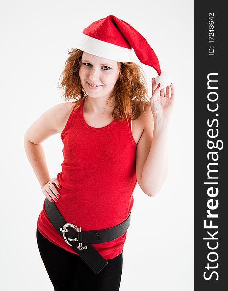 Beautiful teen girl in red and black santa costume