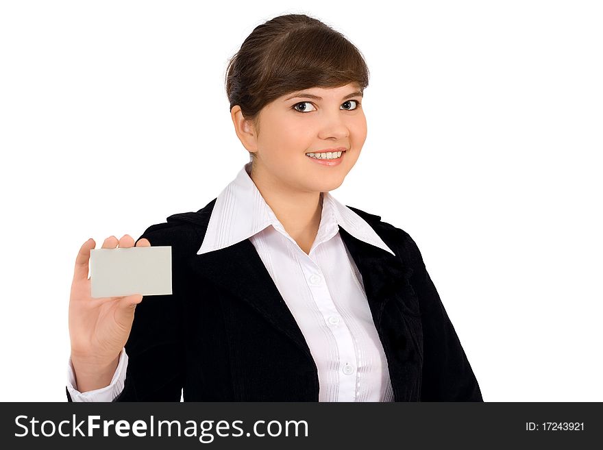 Business card woman. Businesswoman in her 20s showing blank business card sign isolated on white background. Business card woman. Businesswoman in her 20s showing blank business card sign isolated on white background.