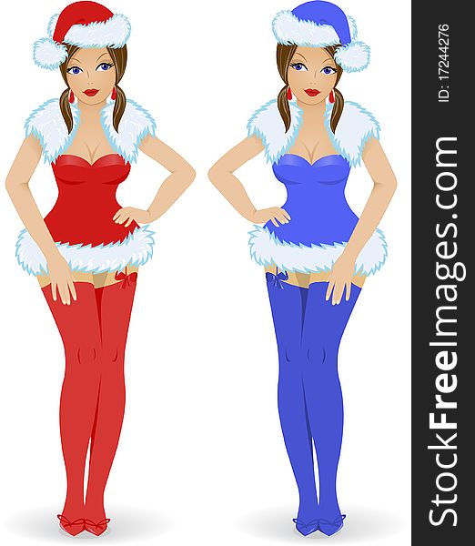 Two Snow Maiden in red and blue dresses with a white background