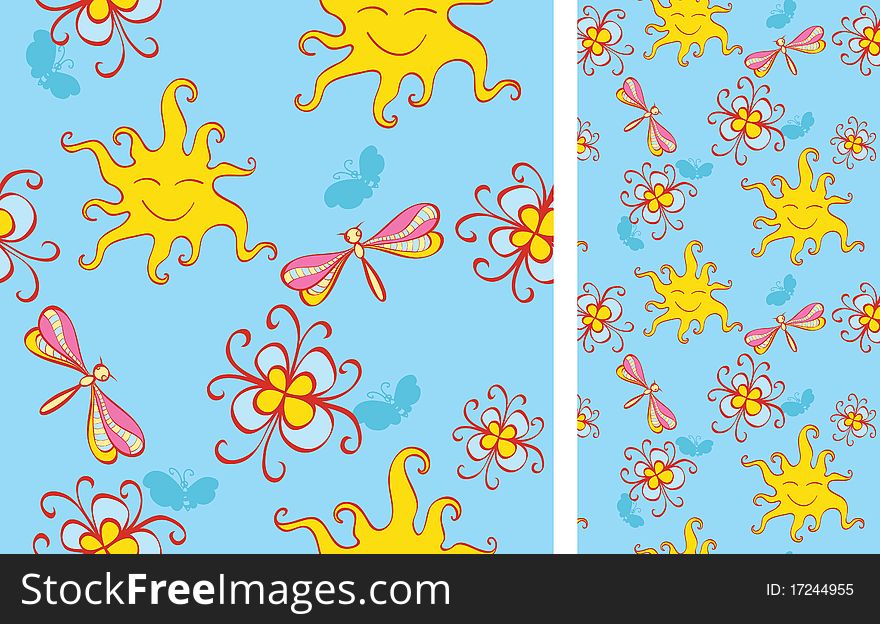 Seamless background with sun and flowers