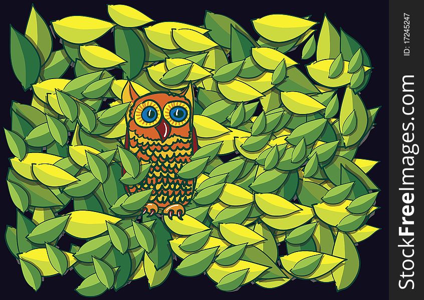 Owl in tree cartoon, abstract vector art illustration