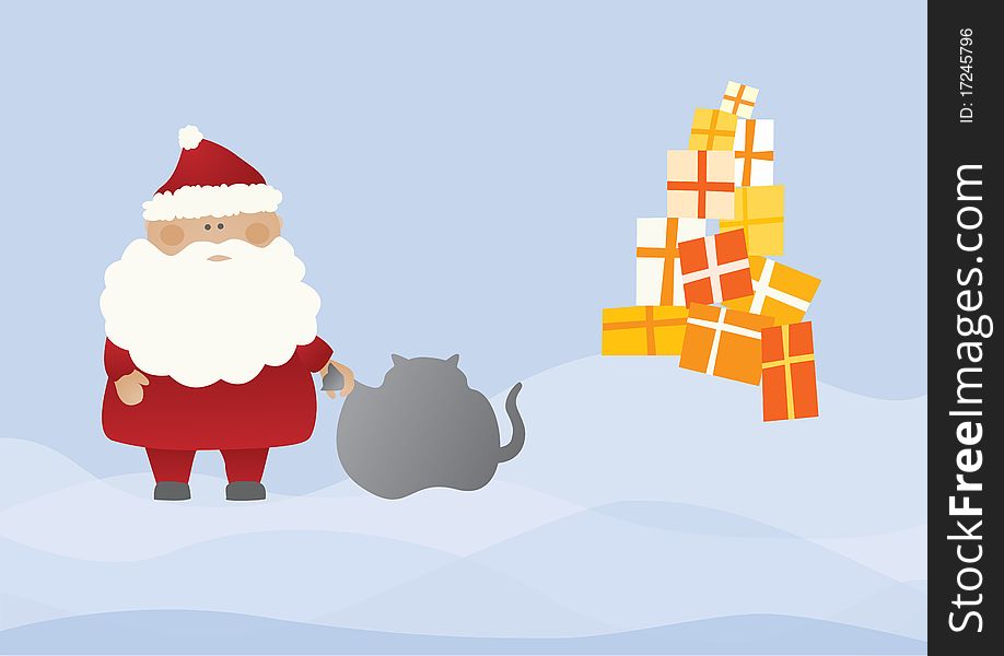Greeting Card showing Santa Claus with presents