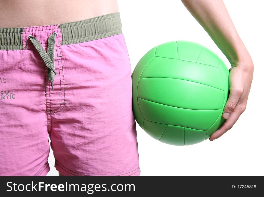 Hand hold green volley ball isolated on white background. Hand hold green volley ball isolated on white background