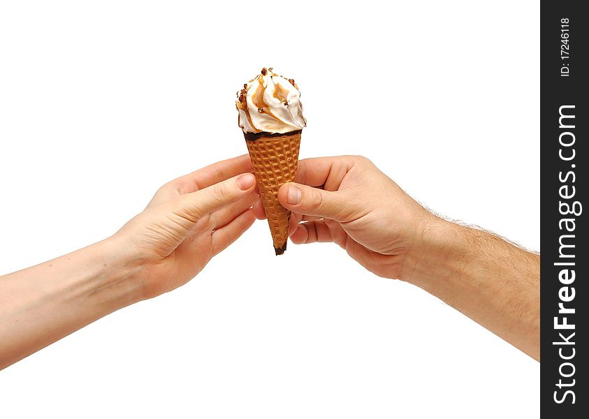 Male hands give a ice cream to female hands. All over white background