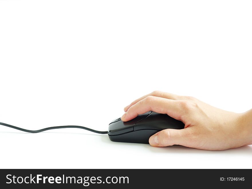 Computer mouse in hand isolated on a white background