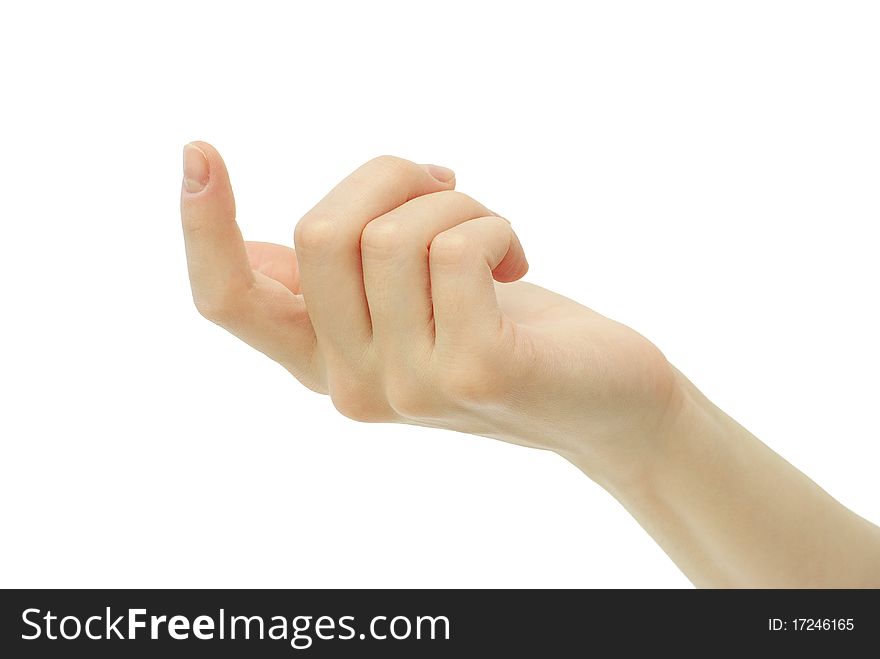 Hand pointing with index on a white background